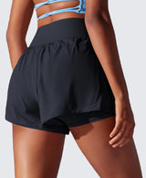 Pantaloni scurți sport 2-în-1 damă cu uscare rapidă pentru alergare – Negru