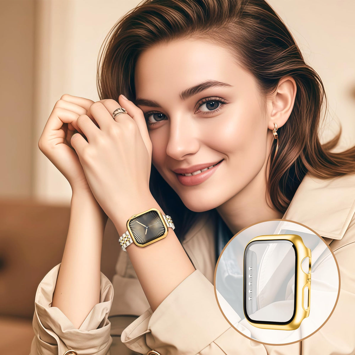 Brățară din inox cu carcasă de protecție pentru Apple Watch 40mm Seria 6/5/4/SE – Starlight/Auriu