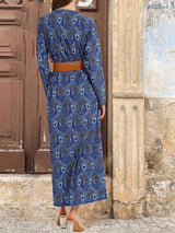 Women's Floral Long Wrap Dress V-Neck Long Sleeve Boho Beach Dress with Belt – Blue L