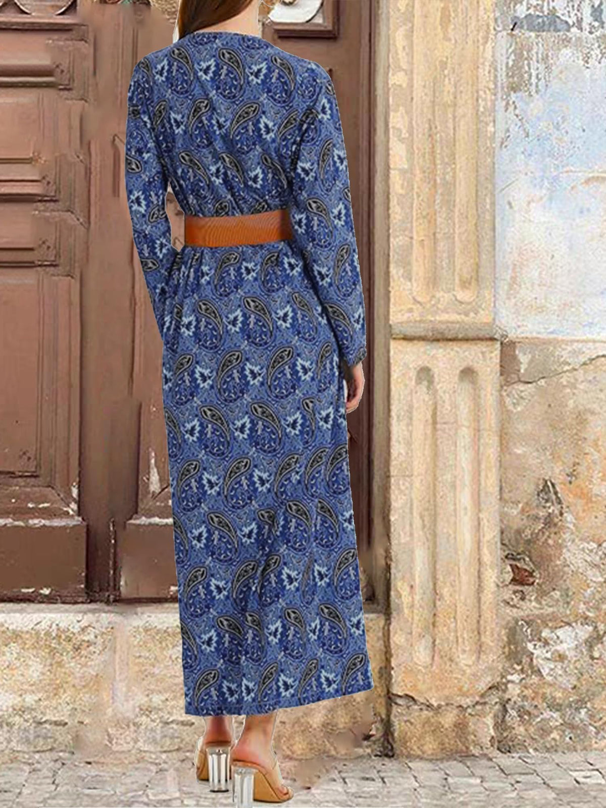 Women's Floral Long Wrap Dress V-Neck Long Sleeve Boho Beach Dress with Belt – Blue L