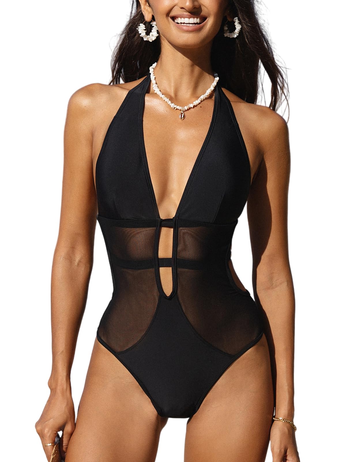 CUPSHE Women's One Piece Swimsuit Deep V Neck Halter Back Tie – Black M