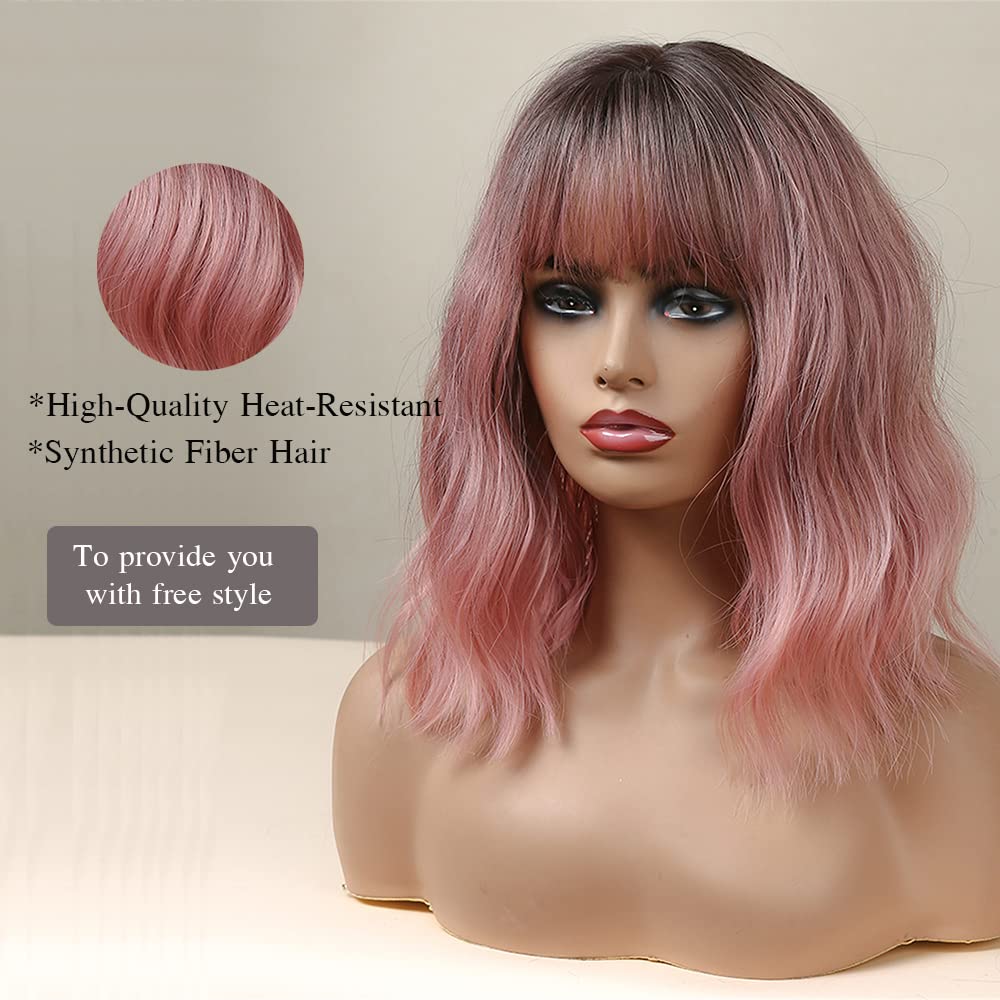 Esmee 14-inch Short Pink Wig with Bangs Synthetic Hair for Women – Ombre