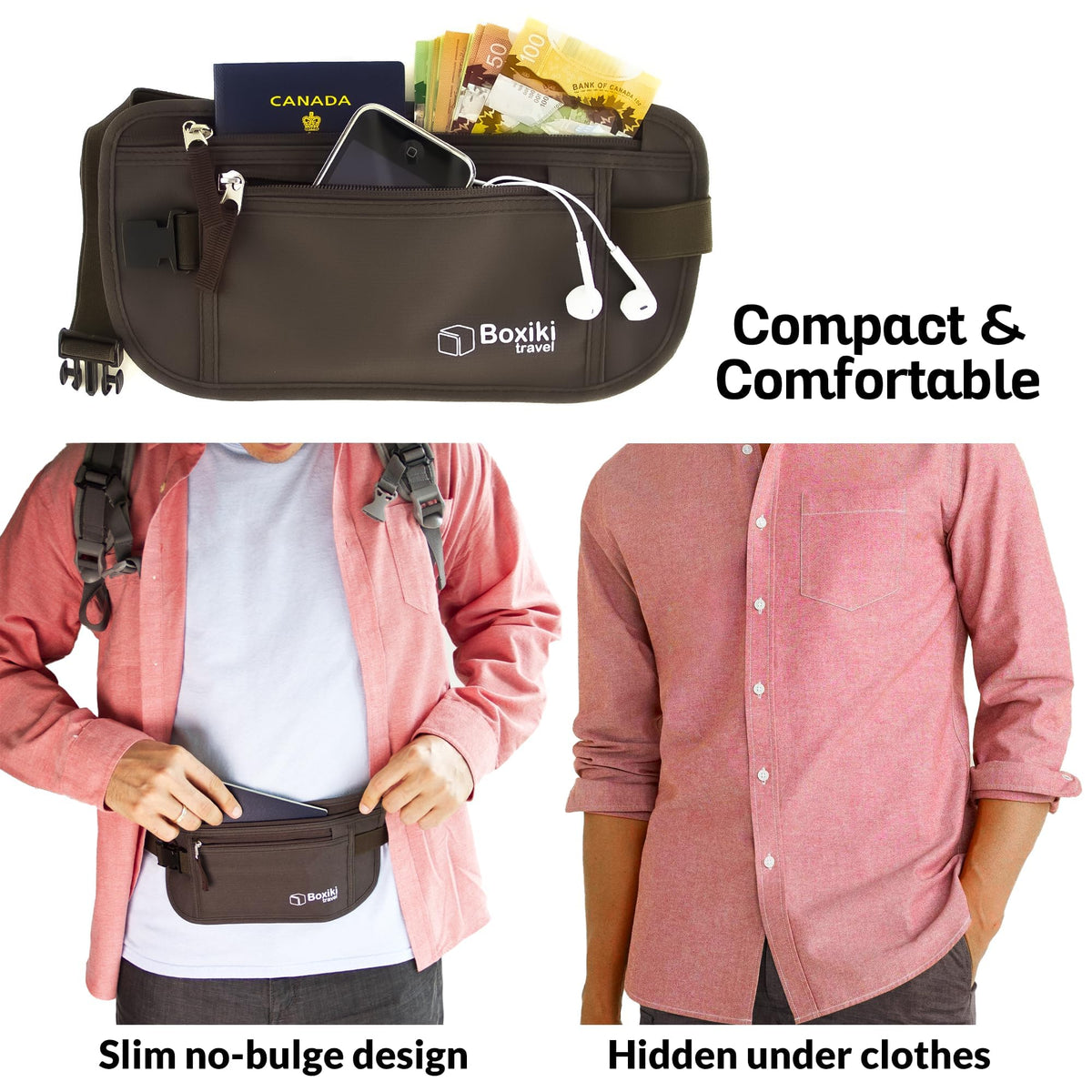 Boxiki Travel RFID Blocking Passport Holder Slim Money Belt – Brown