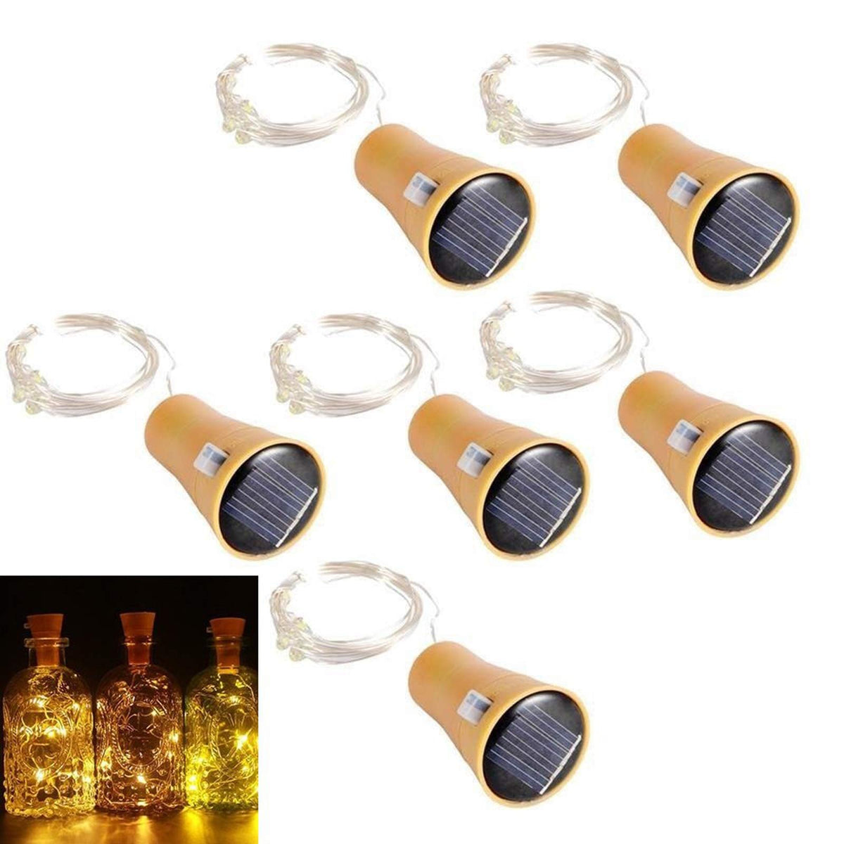 Solar Wine Bottle String Lights 1m 10 LEDs Cork Copper Wire – Warm White Pack of 6
