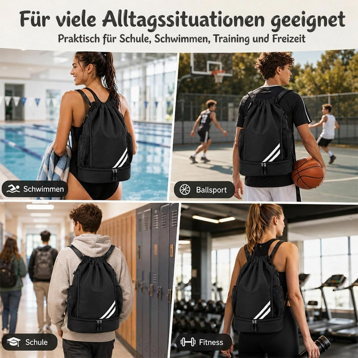 Kids Sports Gym Backpack Drawstring Sports Bag Lightweight – Black