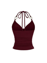Women's Backless Halter Crop Top Ruched Y2K Waterfall Neck - Bordeaux L