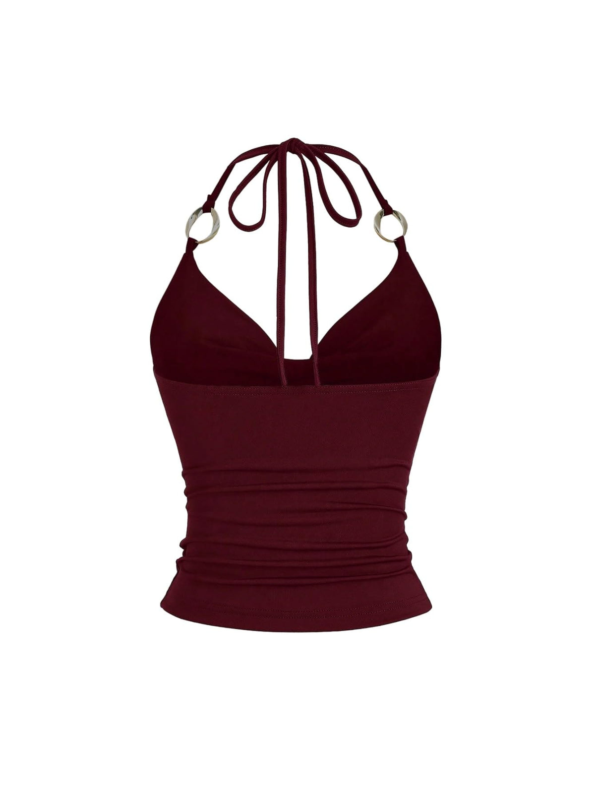 Women's Backless Halter Crop Top Ruched Y2K Waterfall Neck - Bordeaux L