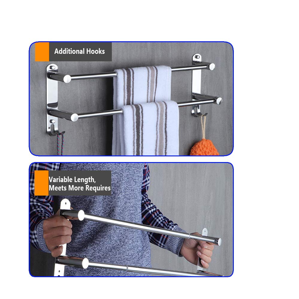 Suport prosop extensibil de perete din inox cu cârlige HONPHIER 49-90 cm – Crom