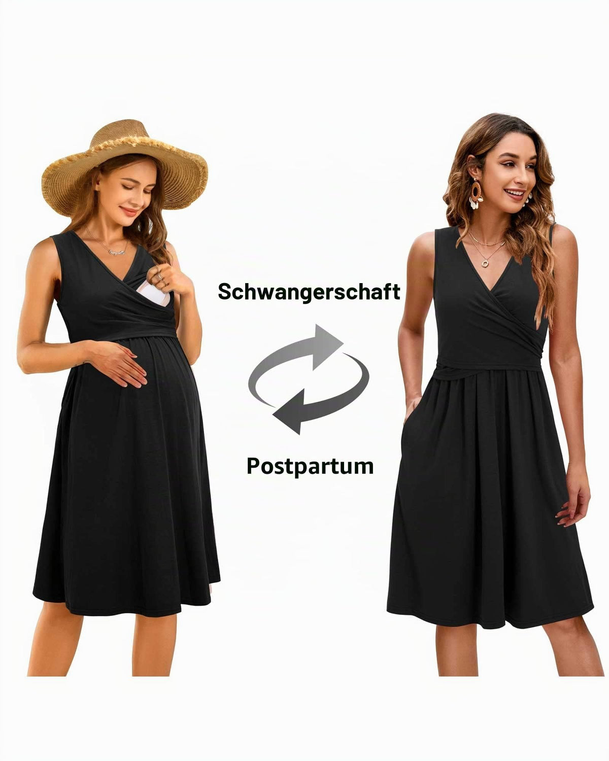 Women’s Maternity Nursing Dress V-Neck Sleeveless with Pockets – Black S
