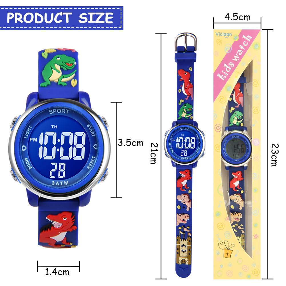 Children's Digital Watch Waterproof with Alarm & Stopwatch – Dinosaur Dark Blue