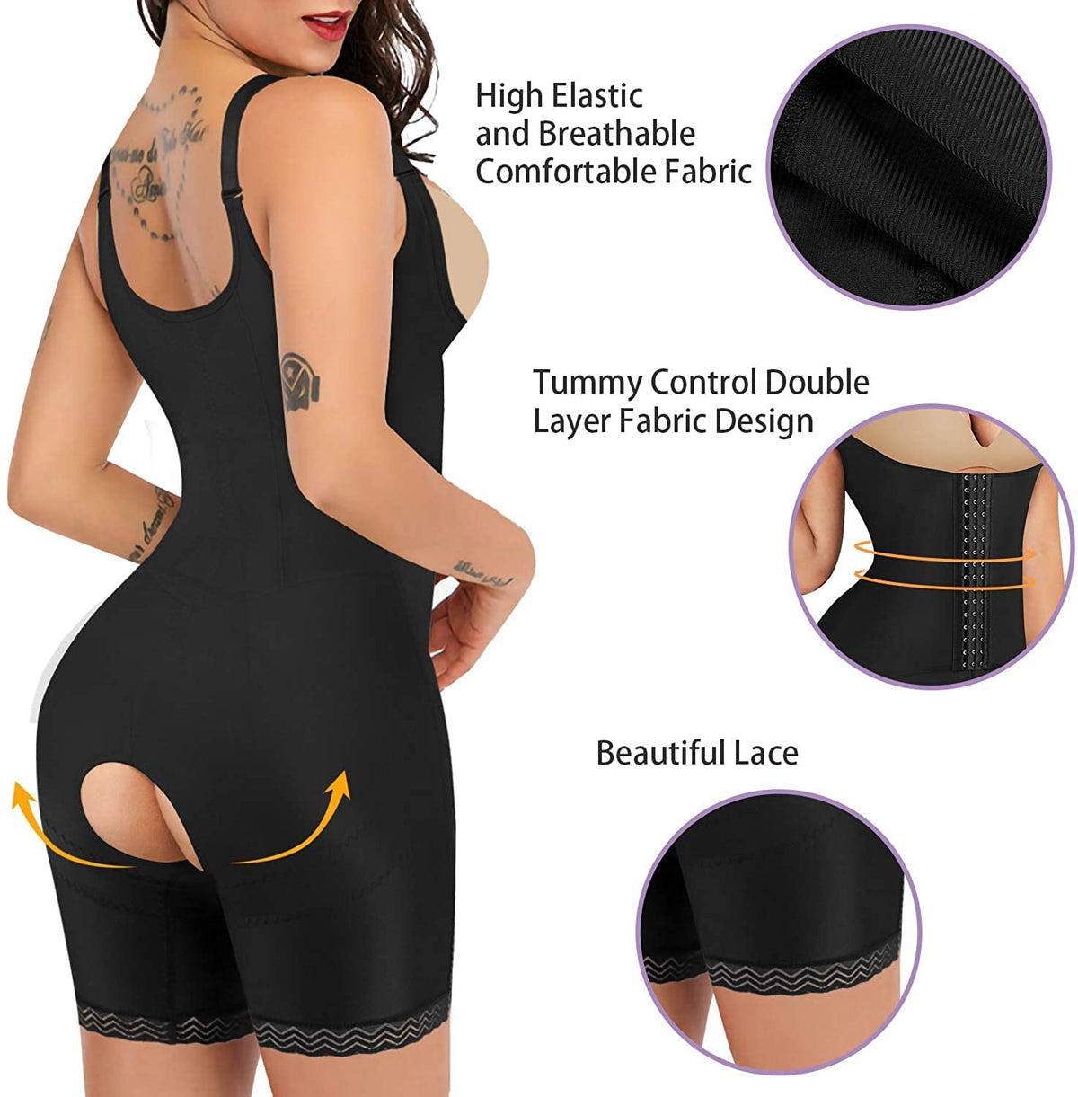 Body modelator sculptant sub bust cu picior lung și cârlige KUMAYES – Negru S