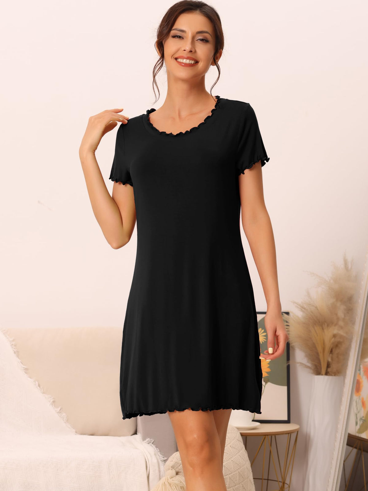 Women's Ruffled Short-Sleeve Sleep Shirt Nightgown Loungewear – Black XS