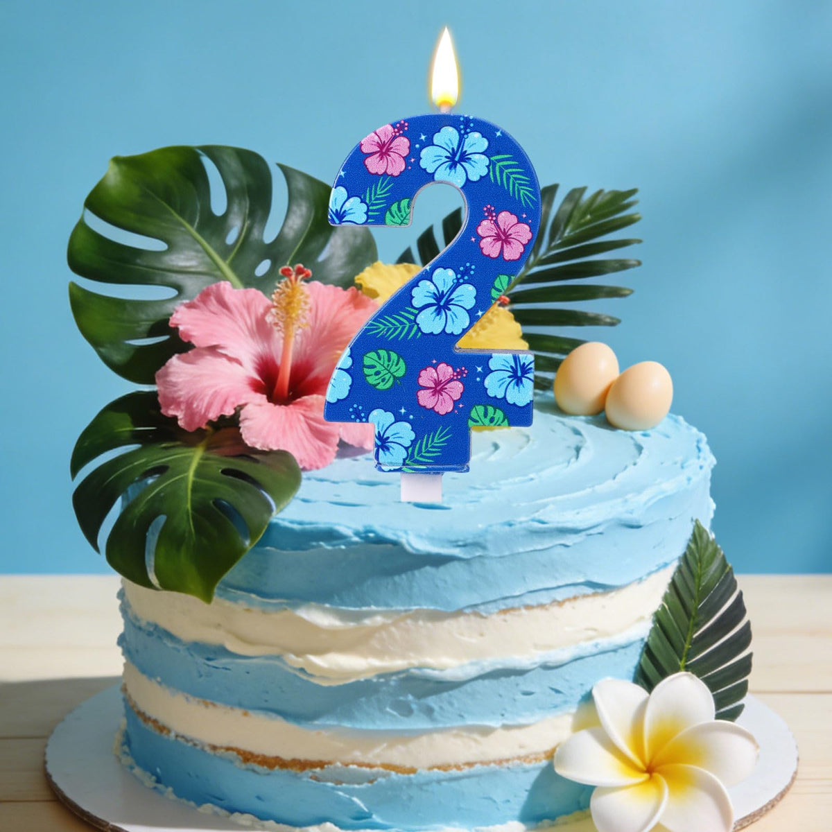 Birthday Number Cake Candle Hawaiian Floral Topper - Blue Number 2
