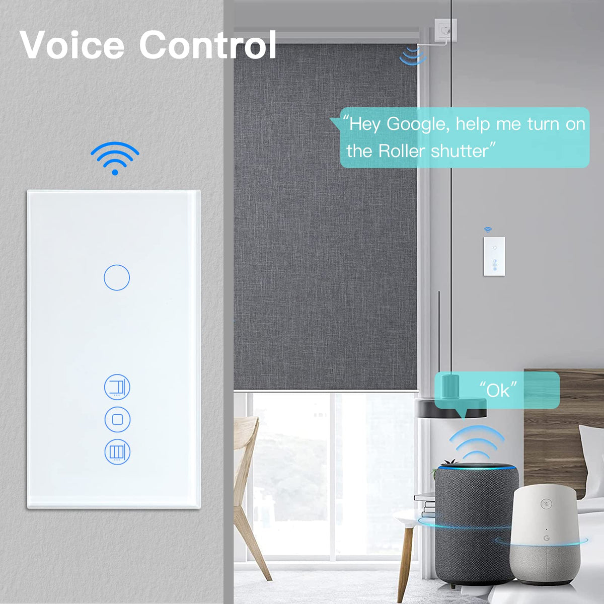 BSEED Alexa light switch with roller shutter switch, 1 compartment 1 way WiFi touch switch remote control with Smart Life/Tuya APP, smart roller shutter switch works with Alexa, Google Home, smart blind switch white
