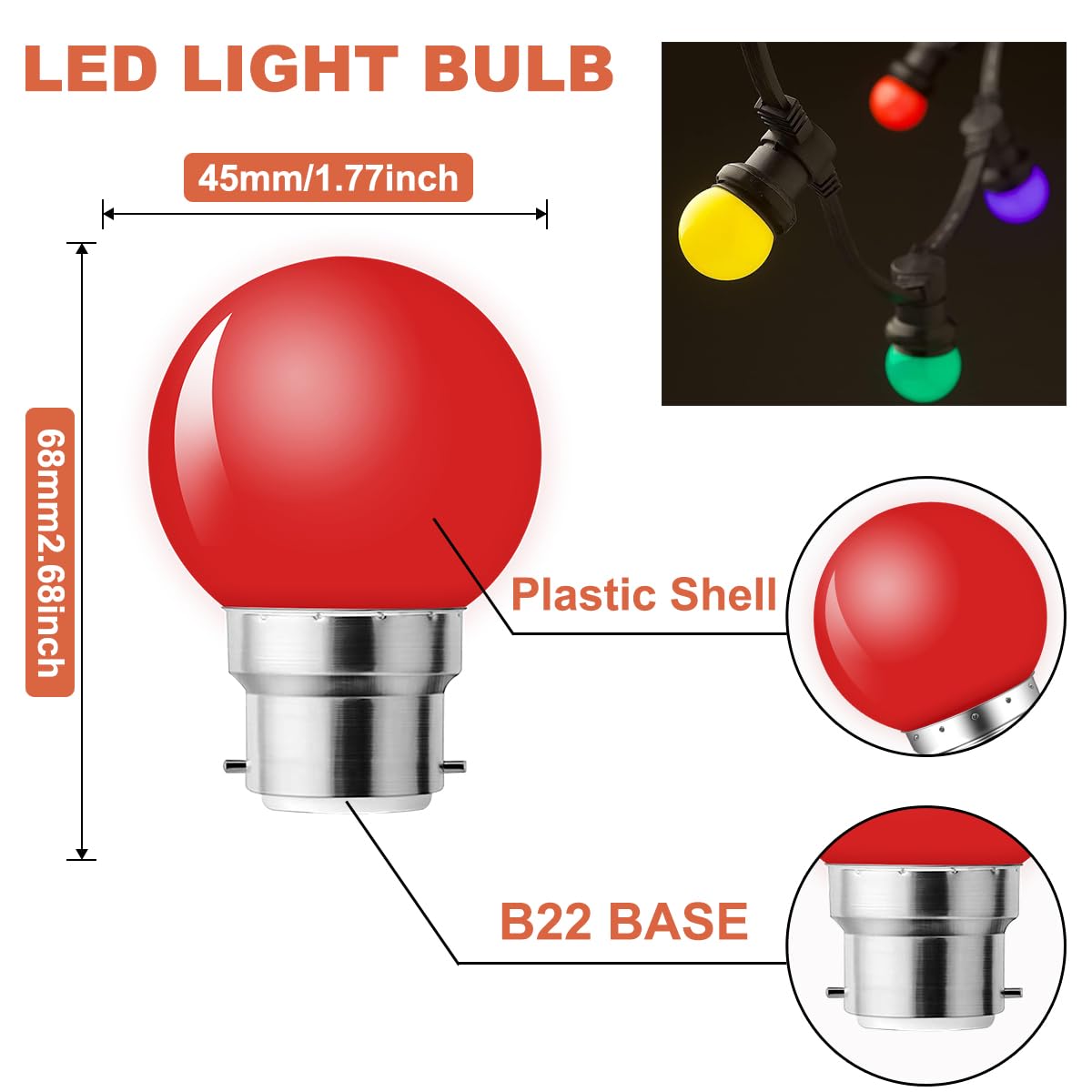 Becuri LED decorative B22 baionetă 2W G45, set 42 bucăți – Multicolor