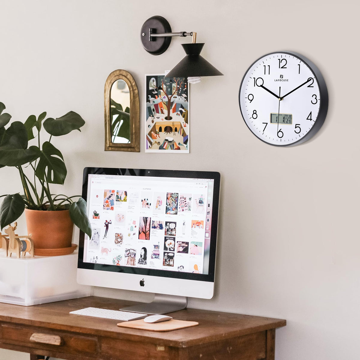 Lafocuse Silent Wall Clock with Calendar Digital LCD, Modern Wall Clock with Date Day of the Week and Thermometer, Black Analog Quartz Clock for Living Room Bedroom Office Kitchen 30cm