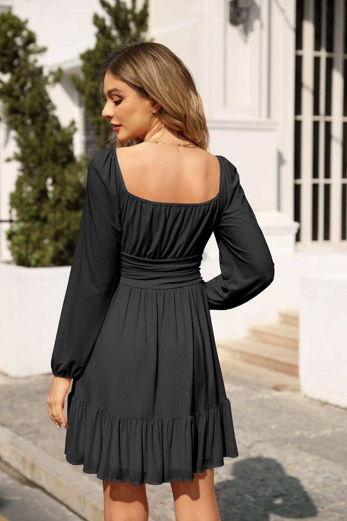 Imily Bela Women's Dresses Square Neck Party Dress Mesh Mini Dress High Waist Pleated Long Sleeve Dress Wedding Guest with Ruffles (Black, S)