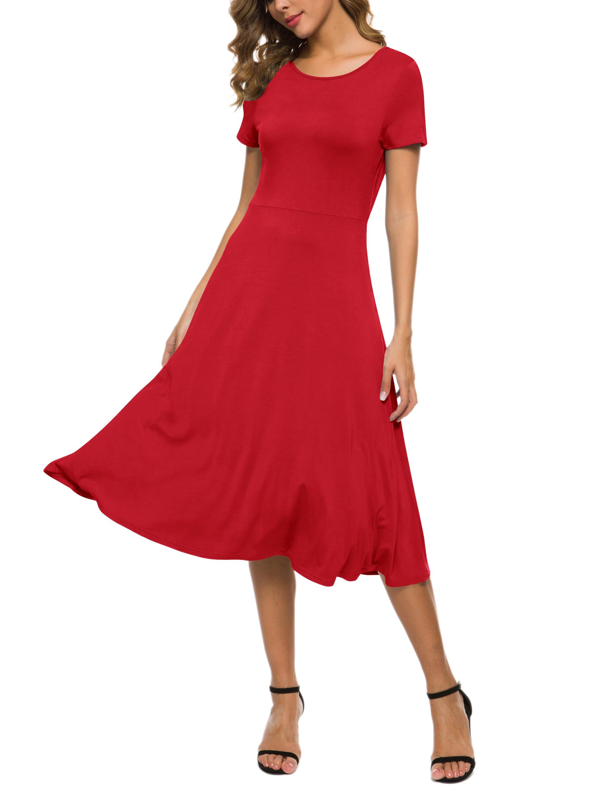 Rochie midi cloș lejeră damă EXCHIC guler rotund – Roșu XL