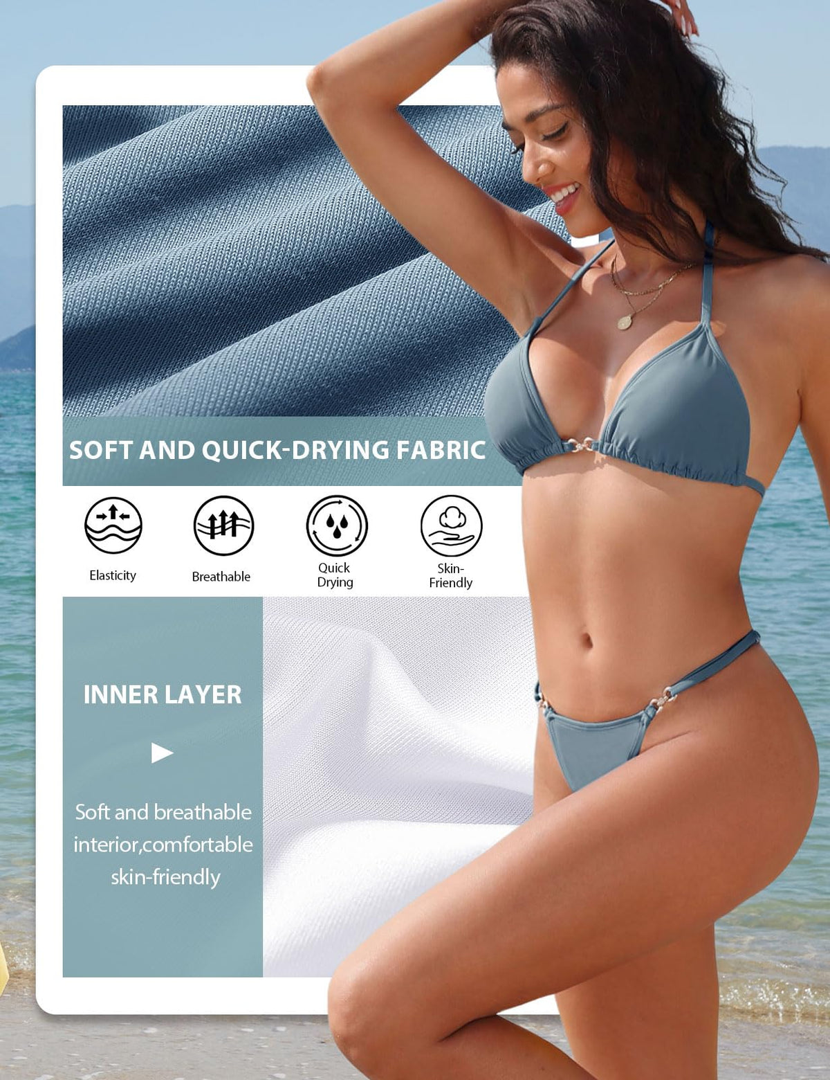 Costum de baie două piese halter triunghi cu slip tanga reglabil – Albastru deschis XS