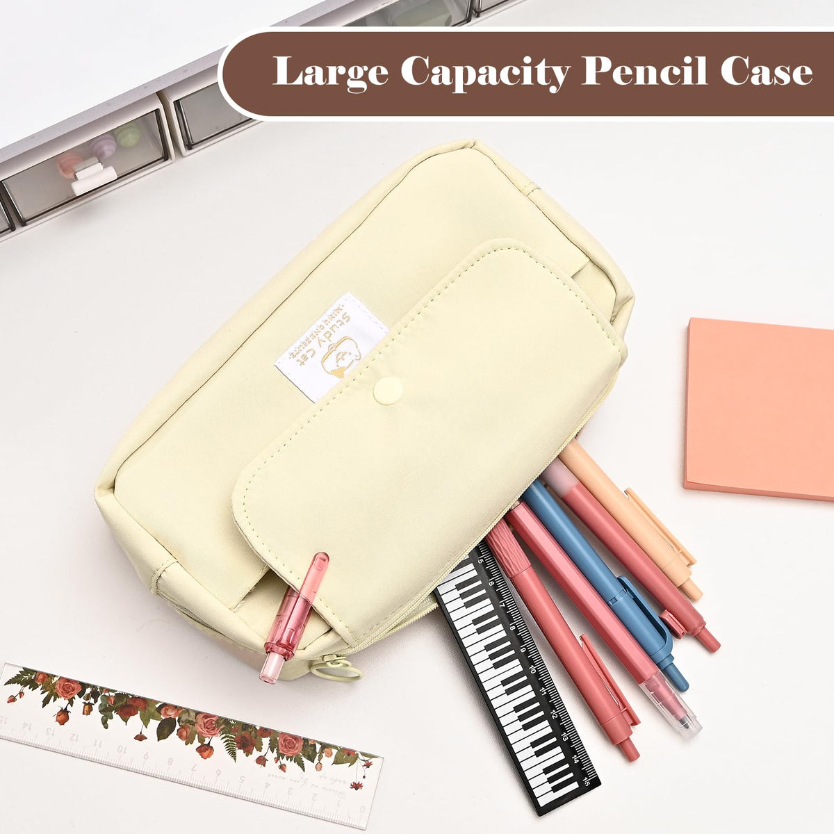 Large Waterproof Pencil Case Oxford Canvas 3-Compartment Multifunctional – Beige
