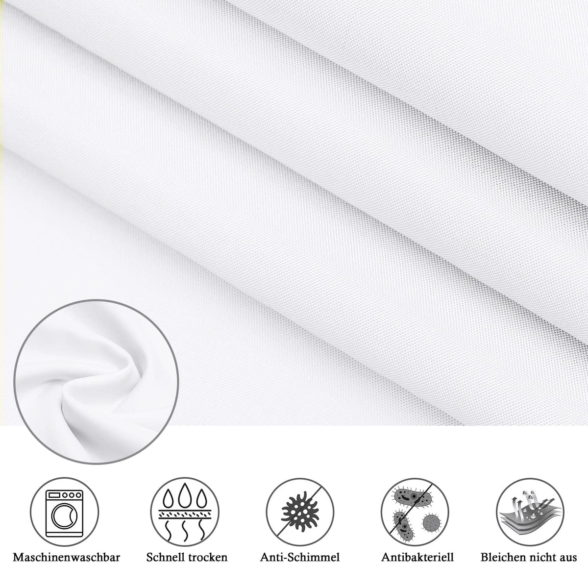 EurCross Shower Curtain 180x200 cm White Textile, Anti-mold Waterproof and Dries Quickly, Washable High-quality Fabric Shower Curtain Bathtub 1.8 x 2m Long with 12 Rings