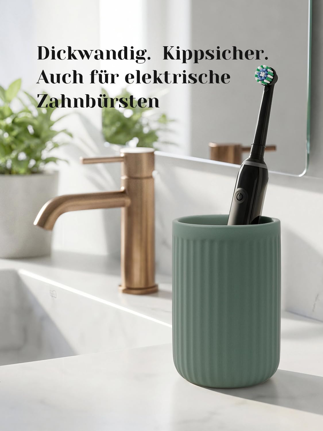 Ceramic Toothbrush Holder 350ml Striped Matte Bathroom Cup – Green