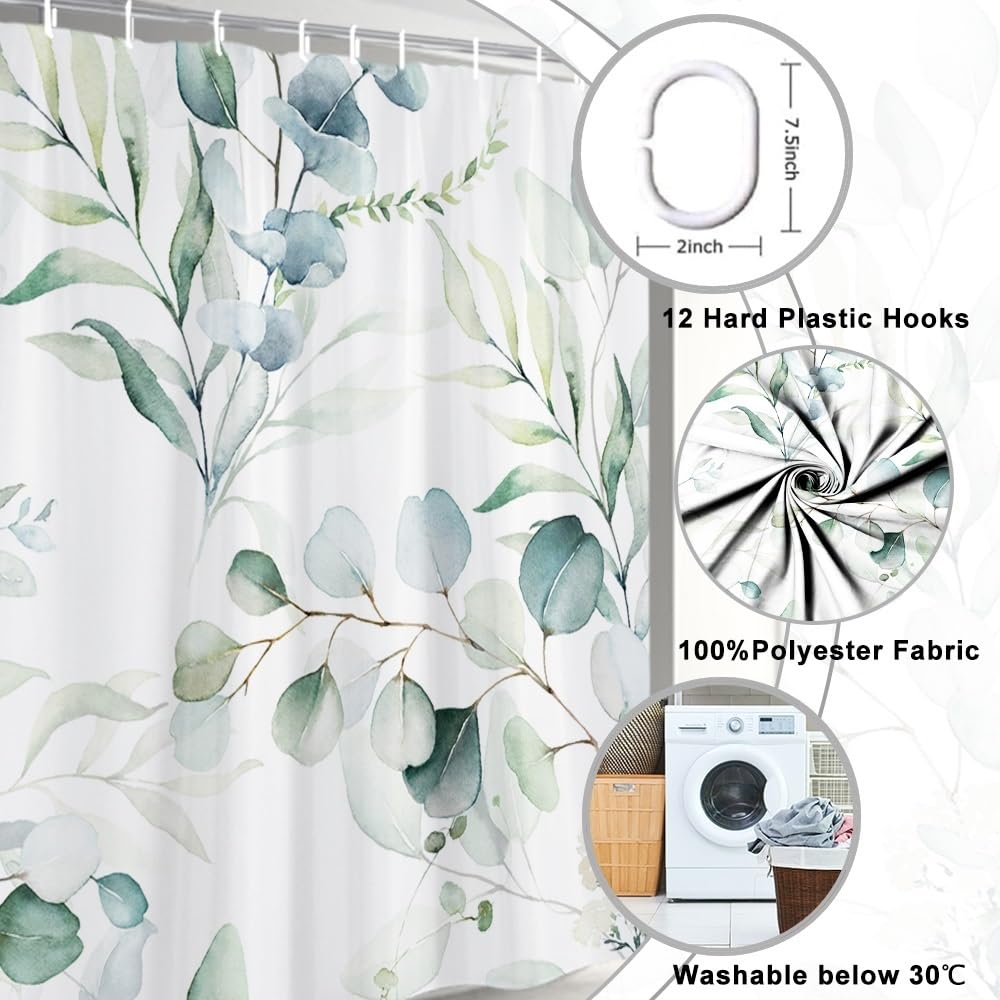 Eucalyptus Shower Curtain Waterproof Polyester 180x180cm Anti-Mould Washable – Blue/White
