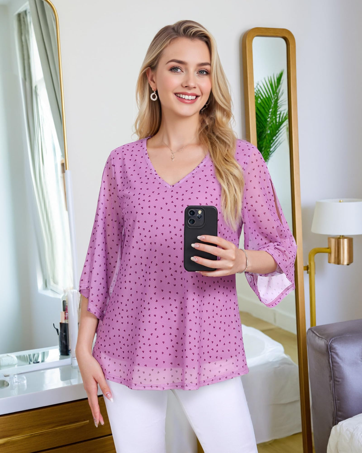 Bluză elegantă damă în două straturi cu imprimeu floral – Verde Mușchi L