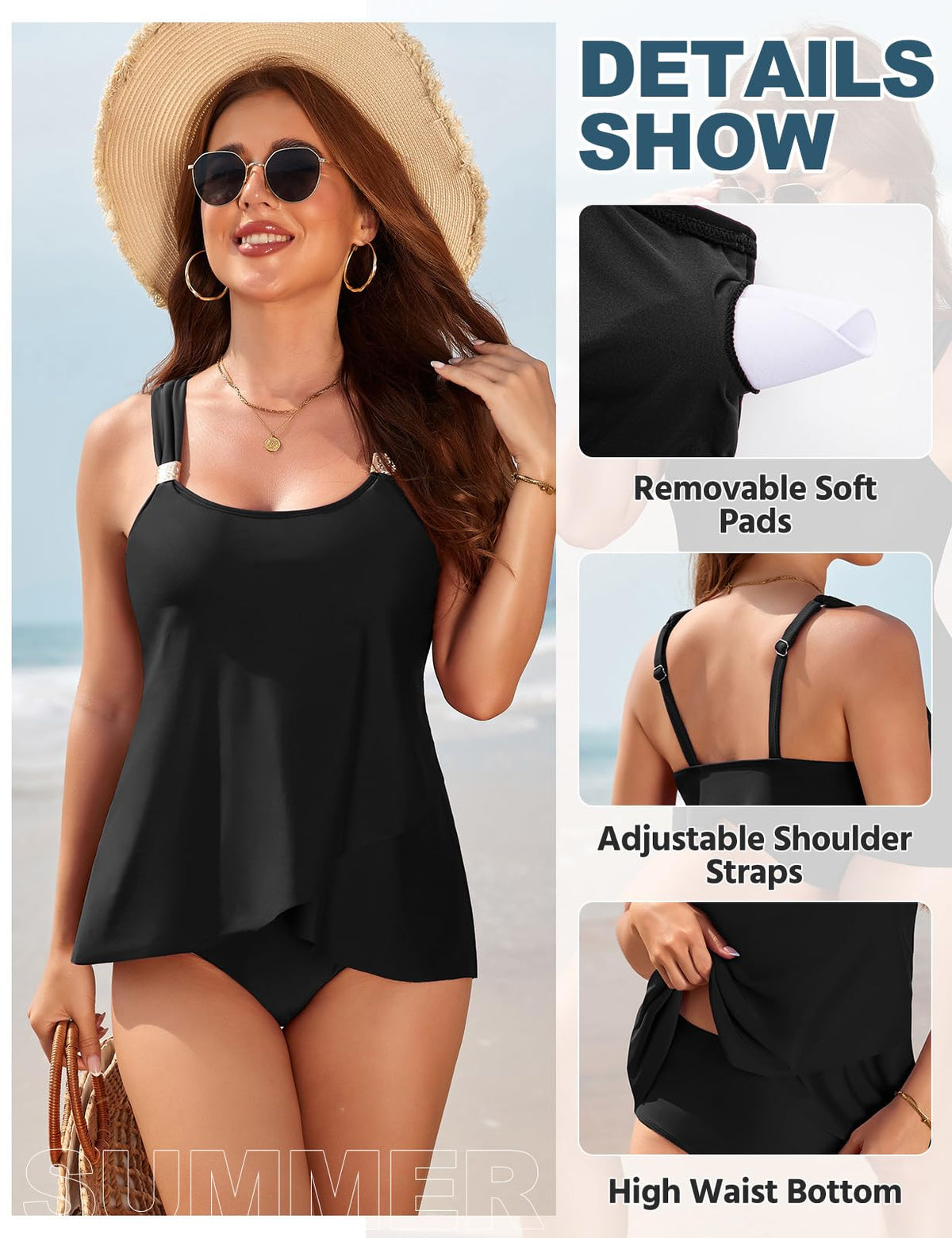 Costum de baie două piese tankini cu tiv suprapus și efect modelator – Diverse culori
