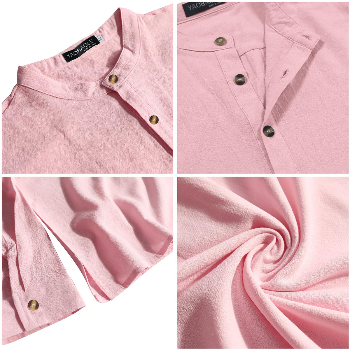 YAOBAOLE Linen Shirt Men Long Sleeve Business Shirt Men Shirt Cotton Linen Shirts Men Pink XL
