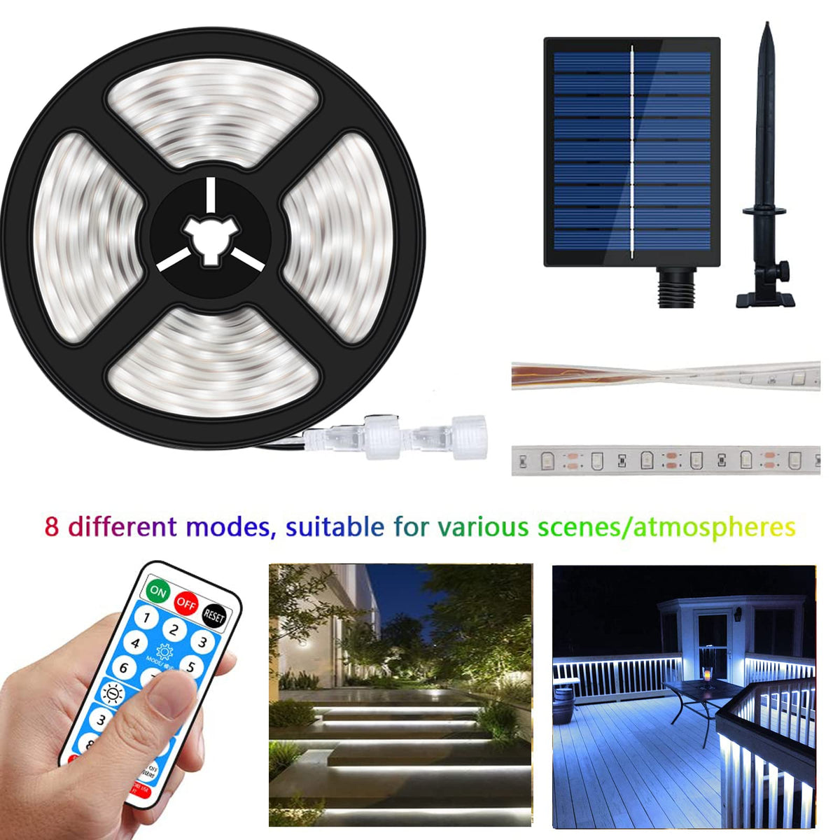 Bandă LED solară de exterior 10m cu 560 LED-uri și telecomandă – Alb rece