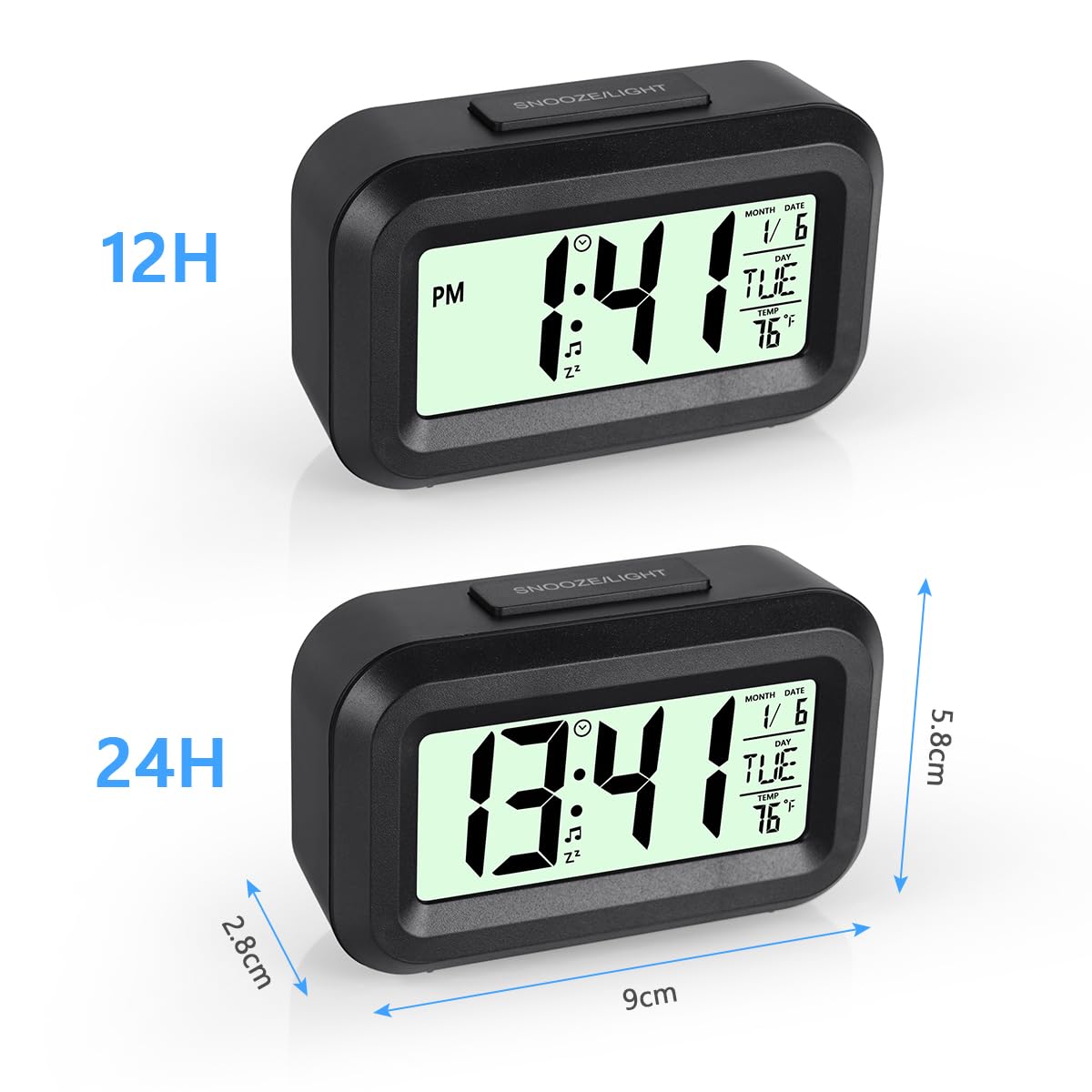 Vicloon Digital Alarm Clock, LCD Display Table Clock with Snooze, 12/24 Hours, Date, Temperature Display, Timer Function, Battery Operated for Bedroom Home Office Travel (Black)
