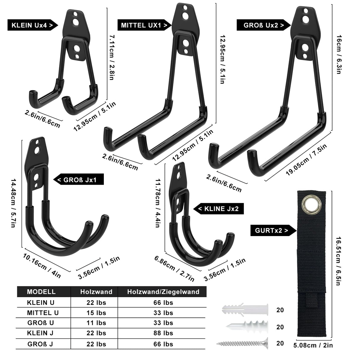 Kitmiido set of 12 wall hooks for garage | Heavy-duty double hooks | Space-saving storage for tools, bicycles, sports equipment (black)