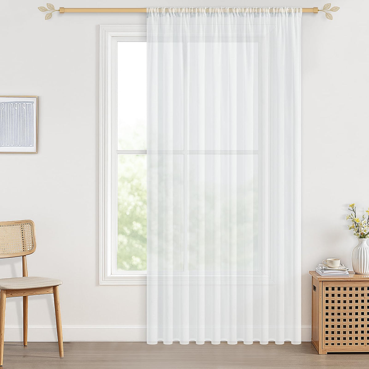 Sheer Curtain Rod Pocket Boho Linen Look Single Panel – White 250x200cm