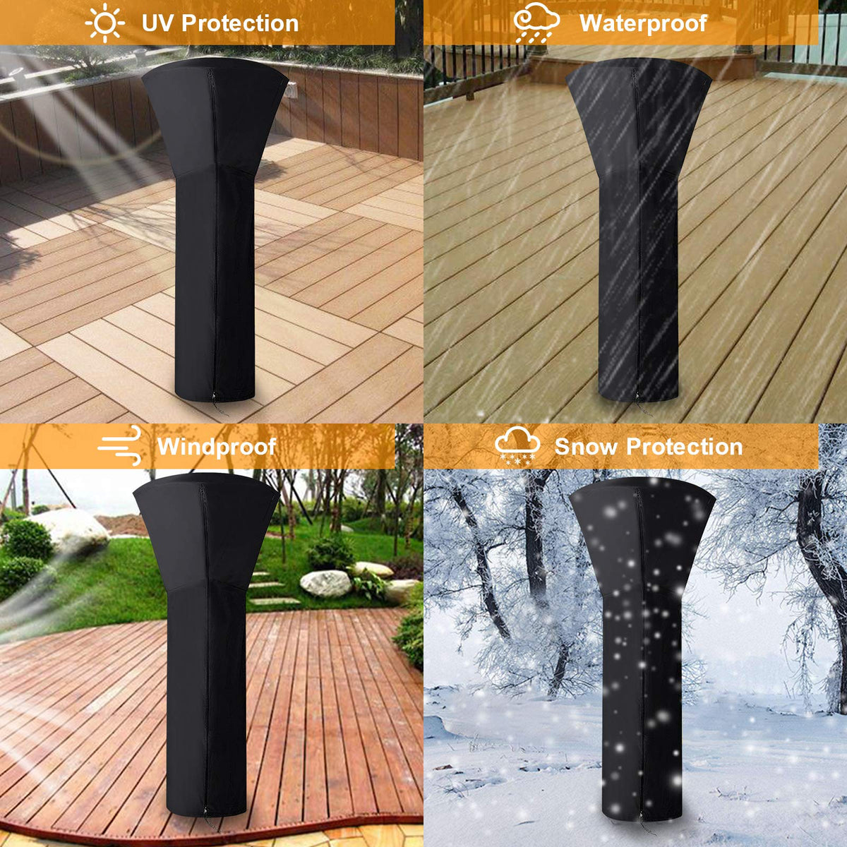 Heater Cover Protective Cover for Patio Heater, 226x89x48 cm Weather Protection Cover with Long Zipper, Water-Repellent Windproof UV-Resistant Cover for Patio Heater, Black