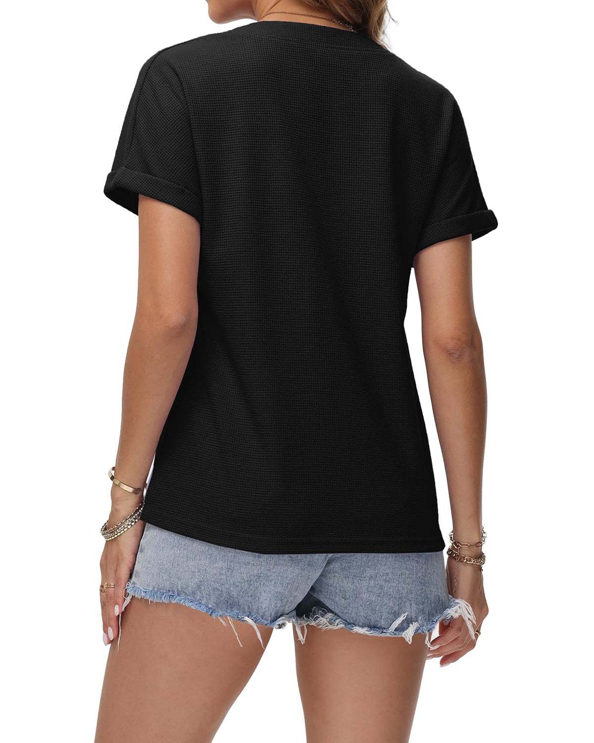 Tricou de vară damă cu decolteu în V, nasturi și mânecă scurtă – Negru L