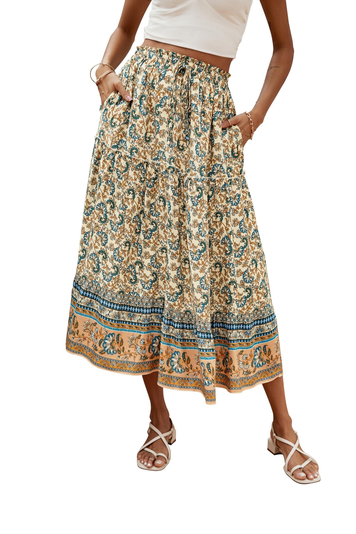 Women's Boho Elastic Waist Midi Skirt Floral with Drawstring Casual Flowy – Beige S
