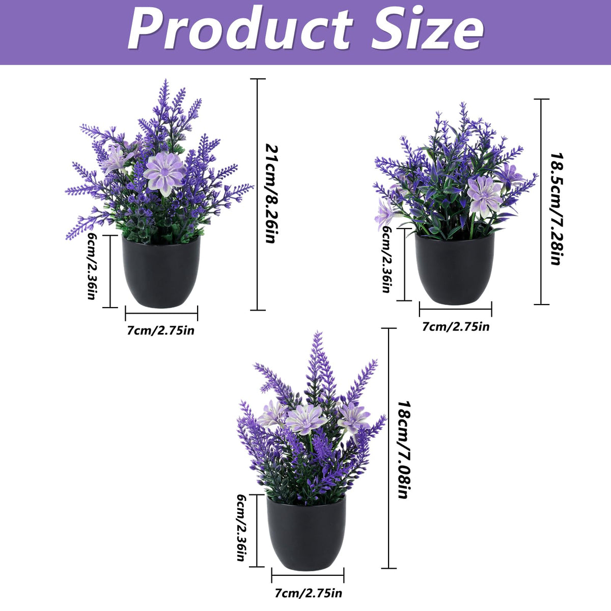 Artificial Lavender Plant Trio in Pots Realistic Small Indoor Decorative Flowers – Set of 3