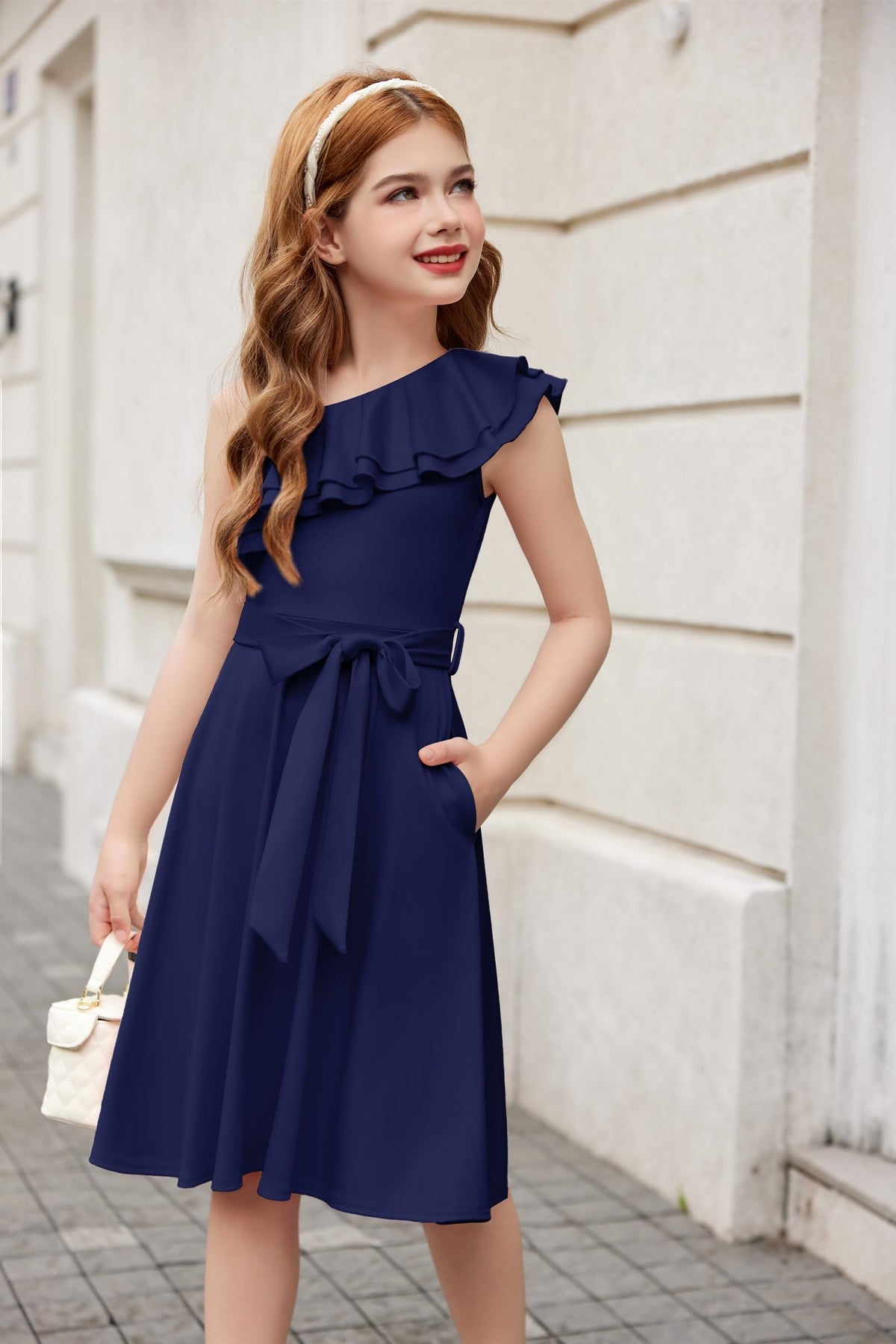 Girls' One-Shoulder Party Dress Ruffle Collar with Belt – Navy 9-10 Years
