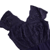 Rochie de cocktail vintage anii 1950, până la genunchi, decolteu în V, șifon și dantelă, croială cloș în A – Mov L