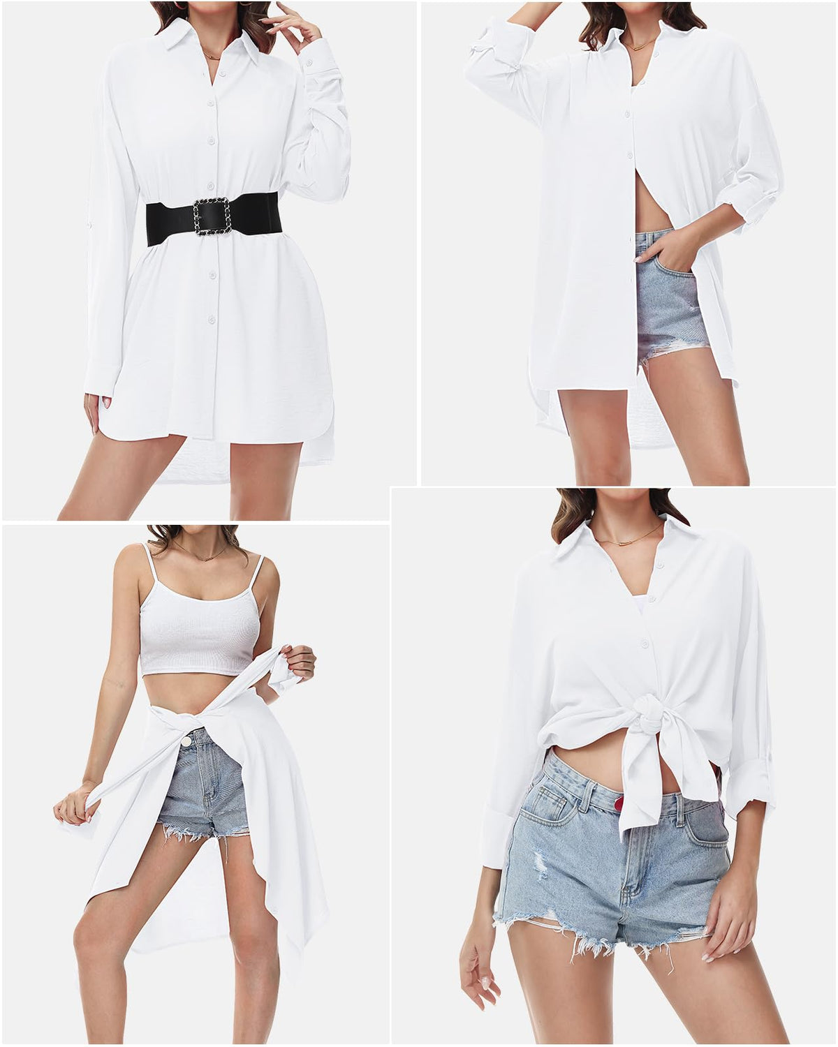Women's V-Neck Long Sleeve Button-Down Blouse Roll-Up Casual Shirt – White M