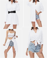 Women's V-Neck Long Sleeve Button-Down Blouse Roll-Up Casual Shirt – White M