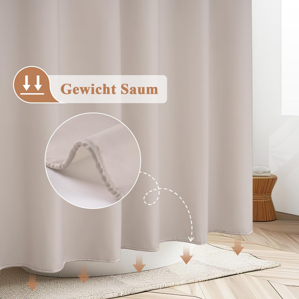 Extra-Length Shower Curtain Waterproof Anti-Mould Antibacterial 180 x 230 cm – Sand