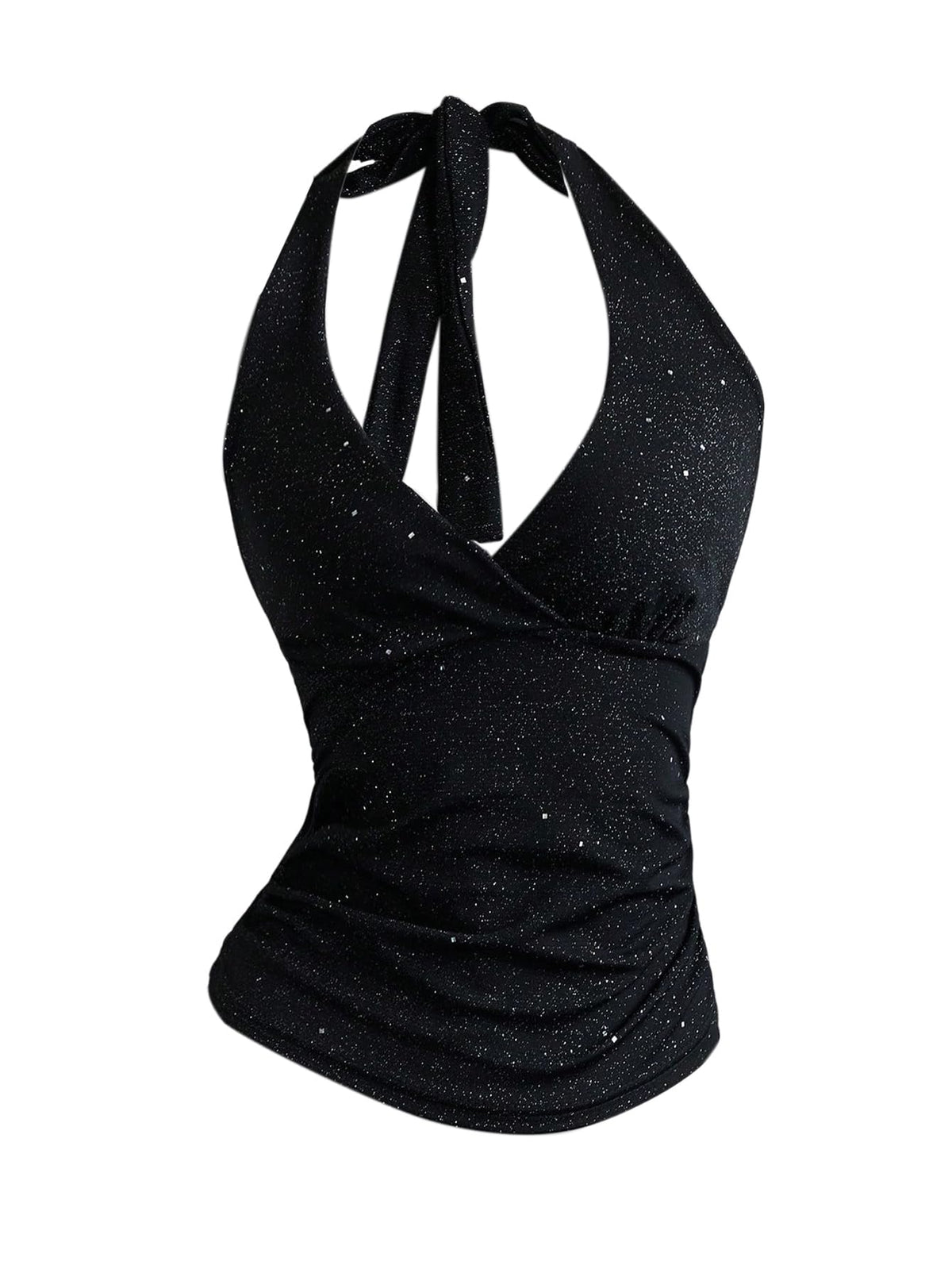 Top scurt strălucitor cu sclipici damă tip halter fără spate – Negru L