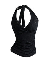 Top scurt strălucitor cu sclipici damă tip halter fără spate – Negru L