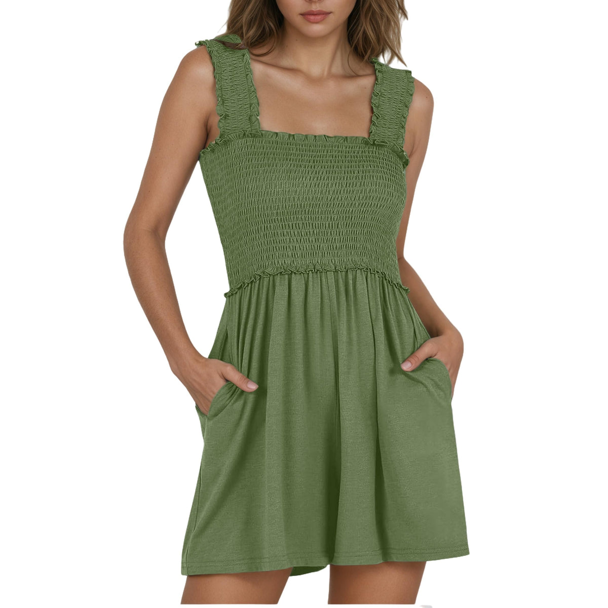 Women's U-Neck Pleated Summer Playsuit Short Romper Loose Casual – Green M