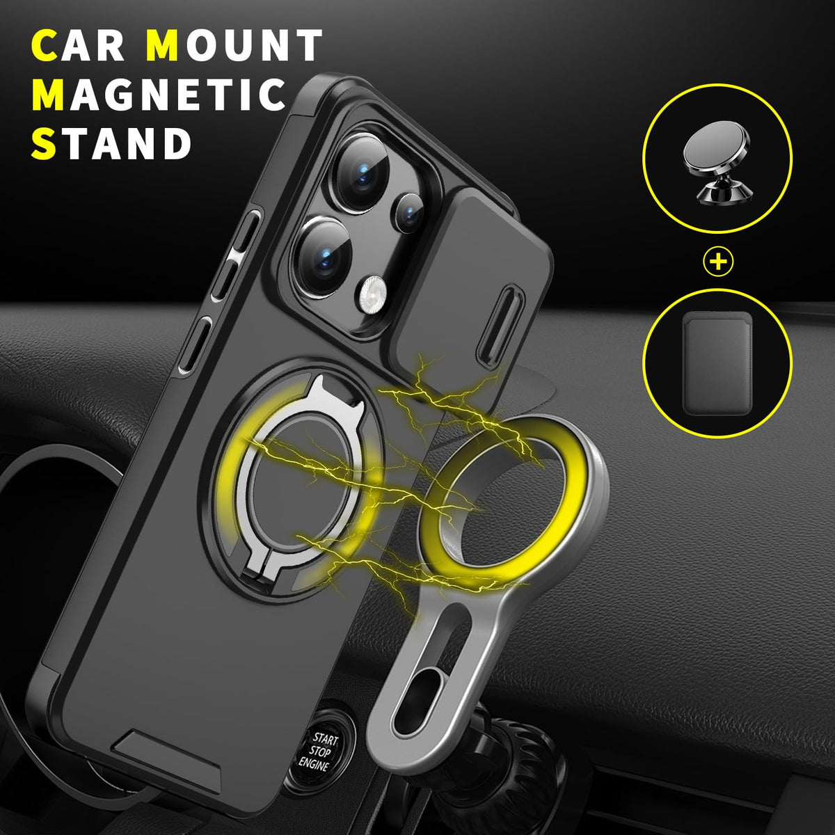 Husă antisoc pentru Xiaomi 14T Pro cu protecție glisantă cameră și inel rotativ 360° – Negru