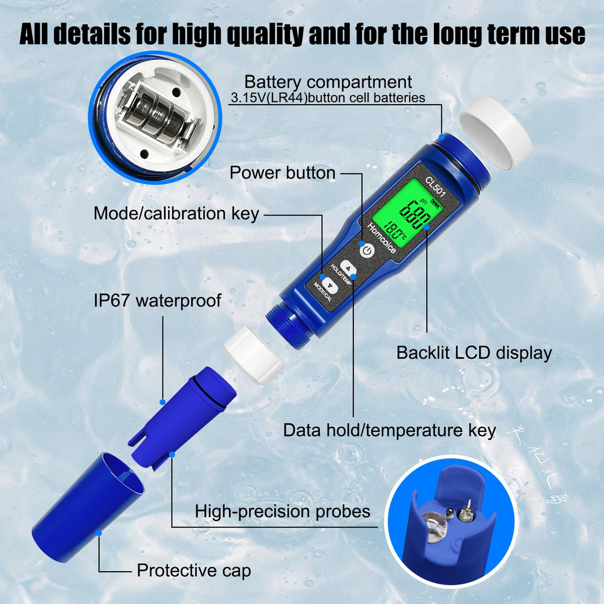 Water Quality Tester 5-in-1 pH Chlorine ORP Temperature – Handheld
