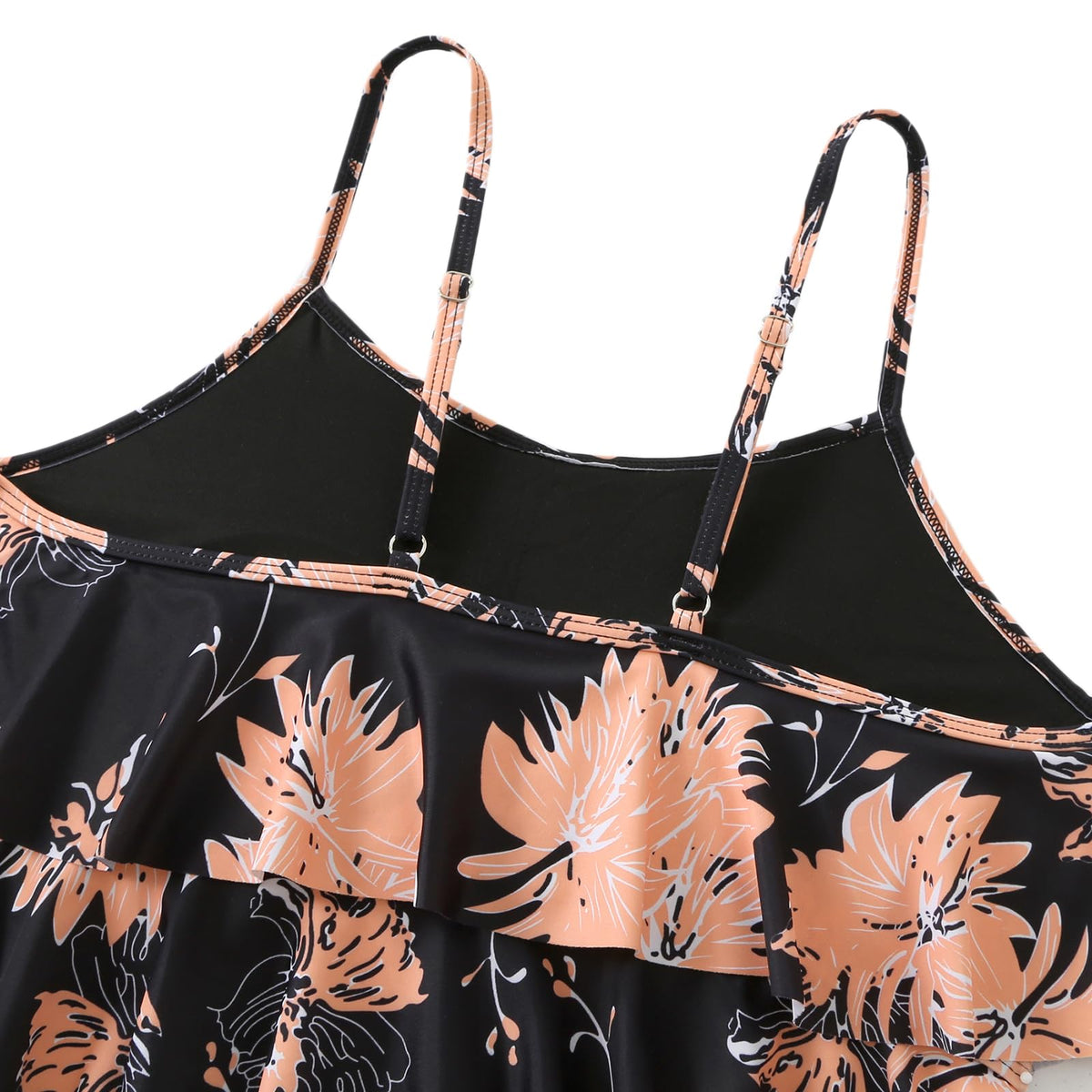 Women's Two-Piece Tankini Swimsuit High-Waist Shorts Double Ruffle Floral – Black S