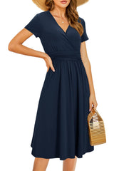 STYLEWORD Women's Summer Dress Short Sleeve V-Neck Dresses Solid Color Dress Beach Dress With Pockets (Navy, Small)